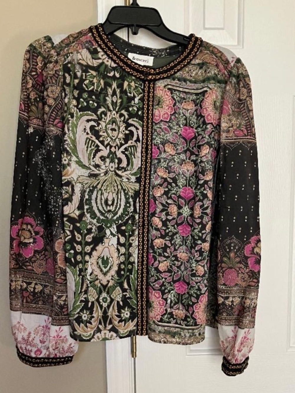 &Merci Patchwork Print Crochet Trim Button Down Top (Size L)